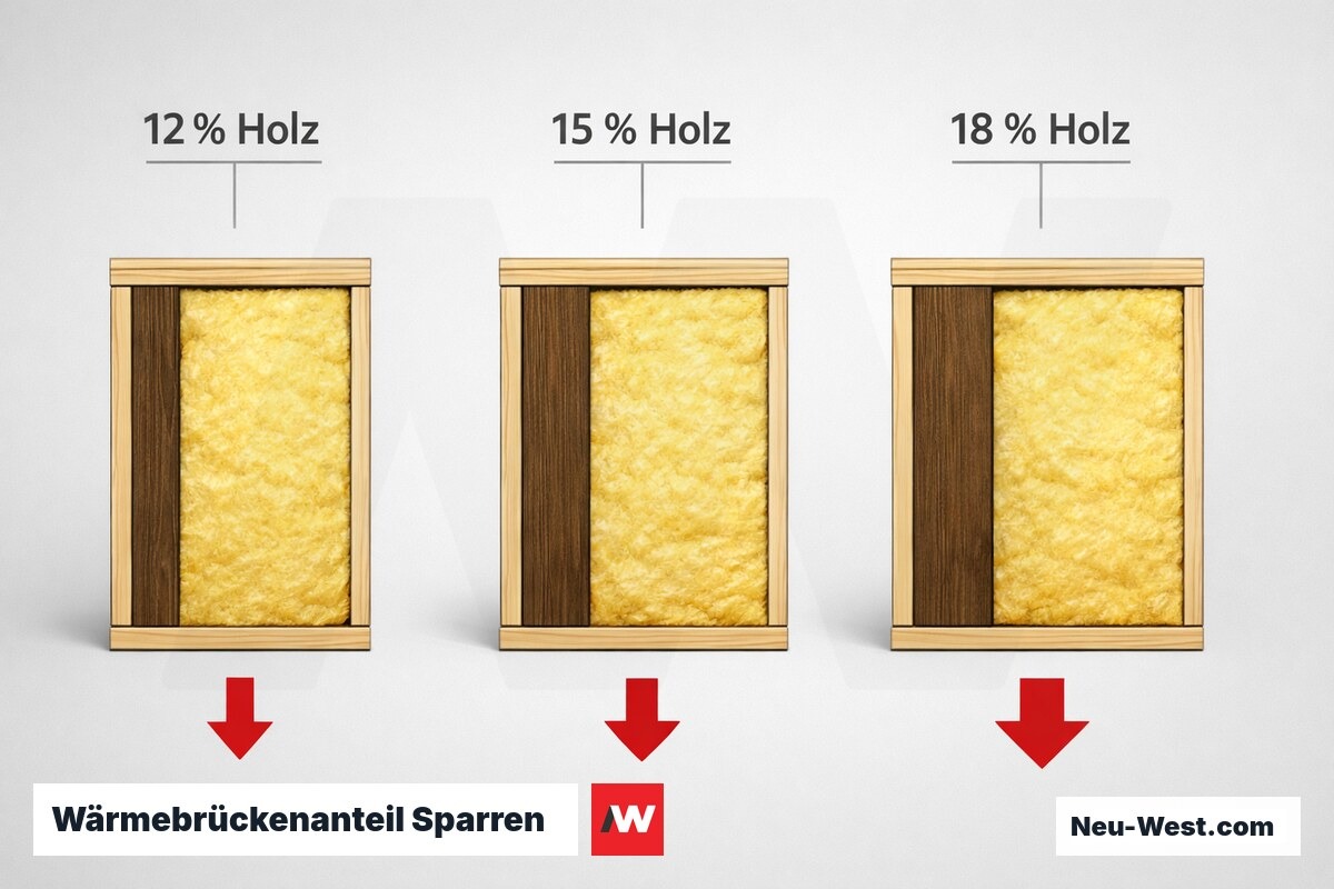 Wärmebrückenanteil Sparren: Holzanteil und U-Wert-Korrekturfaktor nach ISO 6946 – Erklär-Grafik (NEUWEST Berlin)
