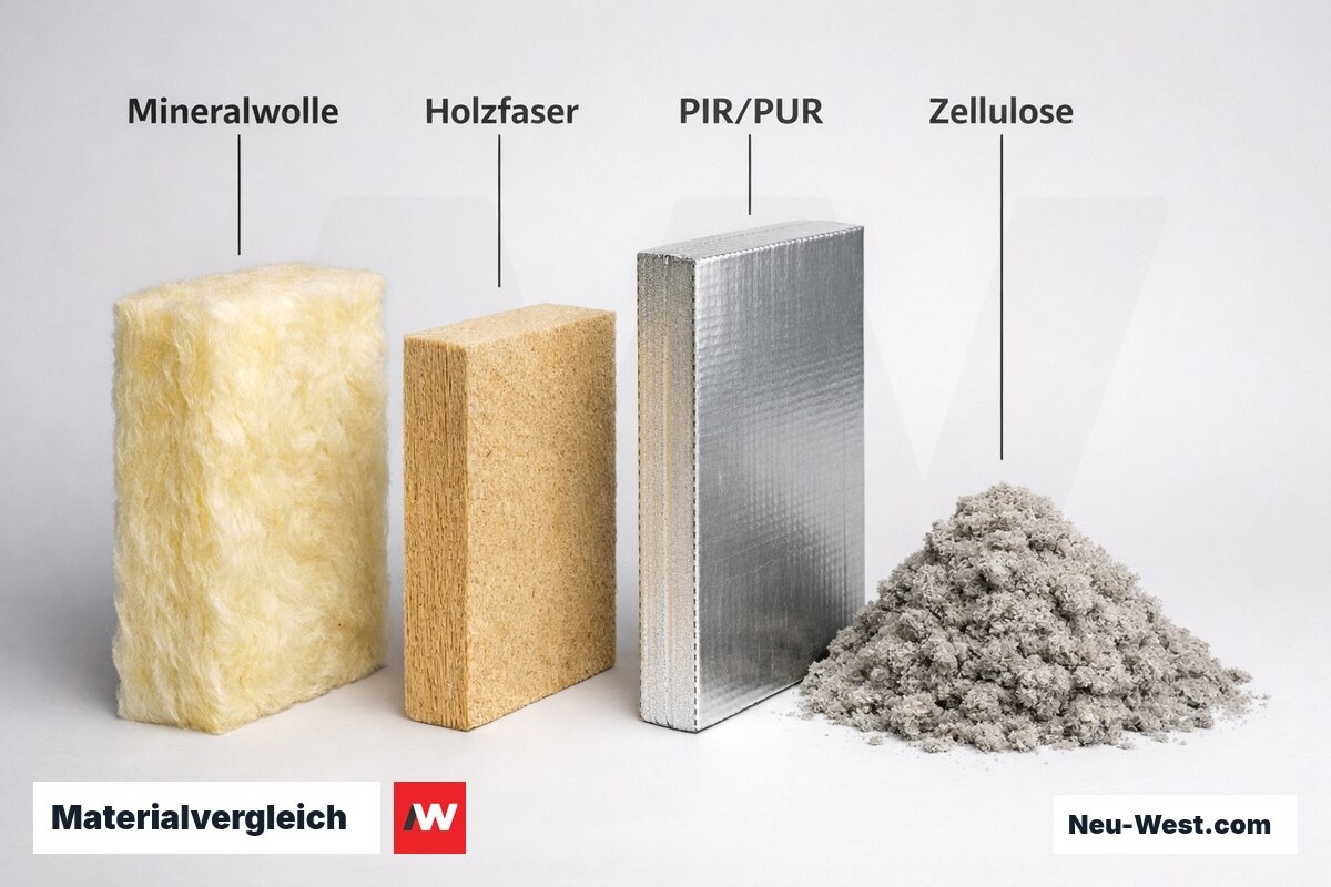 Materialvergleich: λ-Wert und erforderliche Einbaudicke für U = 0,14 W/(m²K) – Erklär-Grafik (NEUWEST Berlin)
