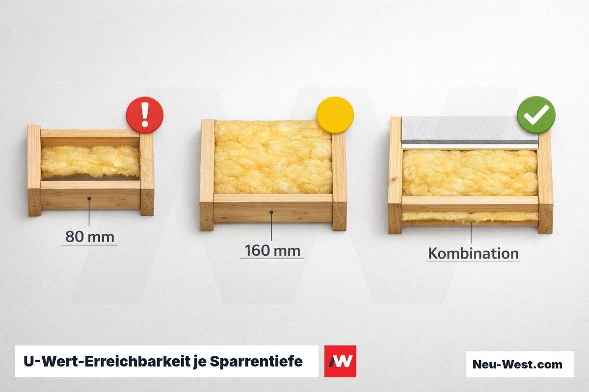 U-Wert-Erreichbarkeit je Sparrentiefe: Zwischensparren allein vs. Kombination – Erklär-Grafik (NEUWEST Berlin)
