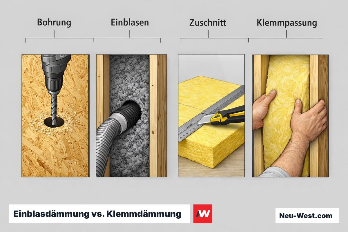 Einblasdämmung vs. Klemmdämmung: Prozessschritte im Vergleich – Erklär-Grafik (NEUWEST Berlin)
