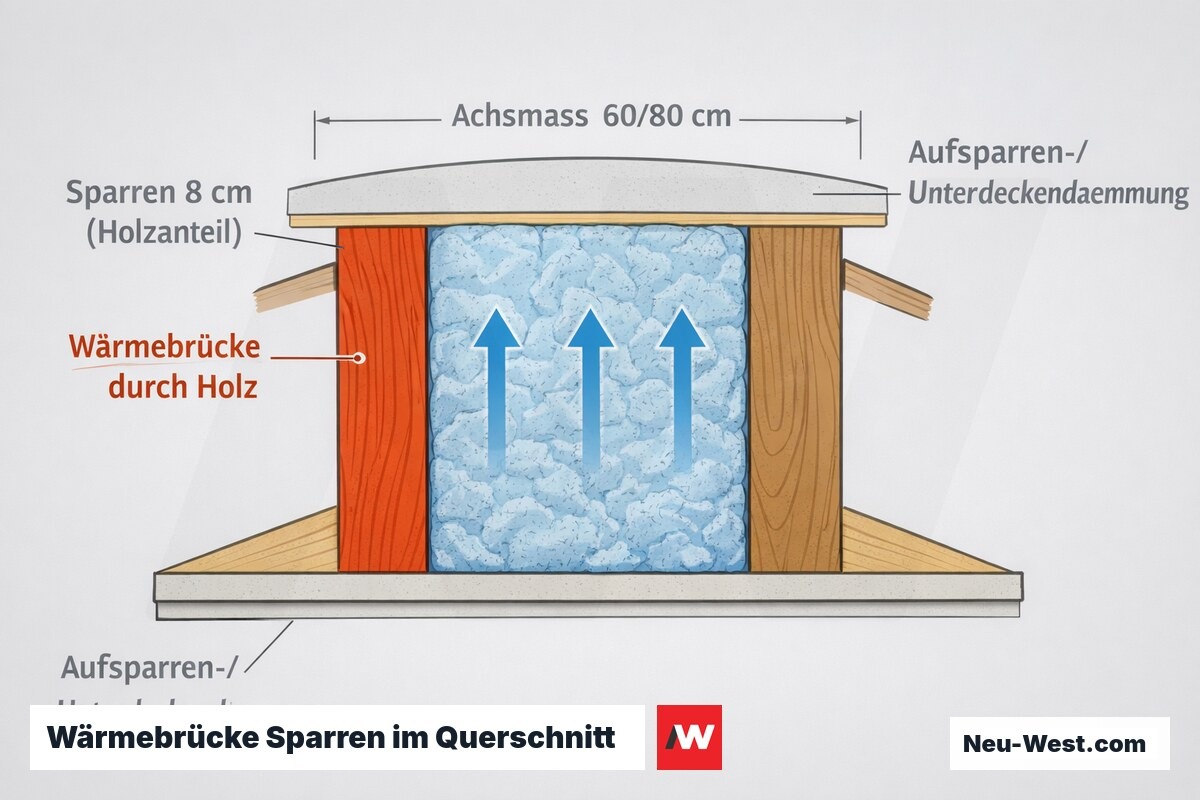 Querschnitt einer Sparrenlage mit Holzsparren, Zwischensparrendämmung und Wärmebrücke durch das Holz sowie ergänzender Aufsparren- und Unterdeckendämmung.