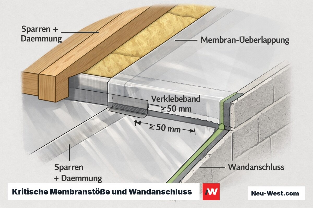 Bauteil-Detail einer Dampfbrems-Membran: verklebte Überlappung zwischen Sparren und dichter Wandanschluss zur Vermeidung von sd-Kurzschlüssen.