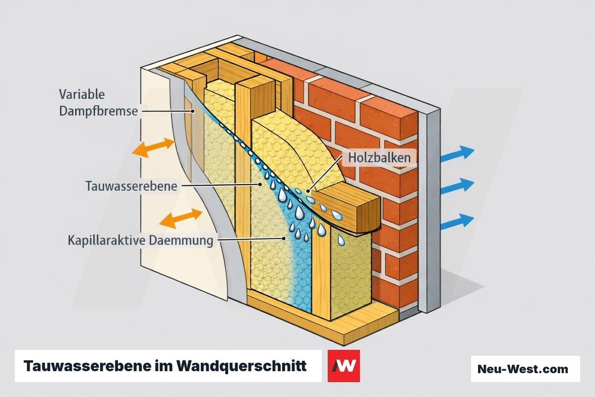 Wandquerschnitt mit variabler Dampfbremse, kapillaraktiver Dämmung und Holzbalken; Tauwasserebene und Diffusionsrichtung markiert.