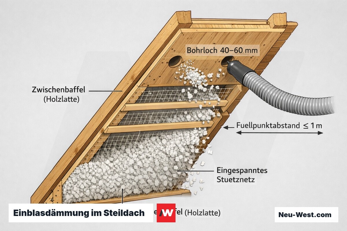 Querschnitt eines Steildachs mit Einblasdämmung, Holzlatten-Baffeln, Stütznetz und Bohrlöchern in der Holzschalung zum Einblasen.