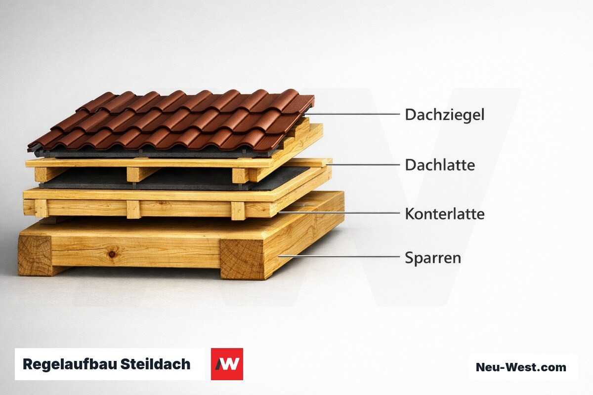 Regelaufbau Steildach: Schicht für Schicht – Erklär-Grafik (NEUWEST Berlin)