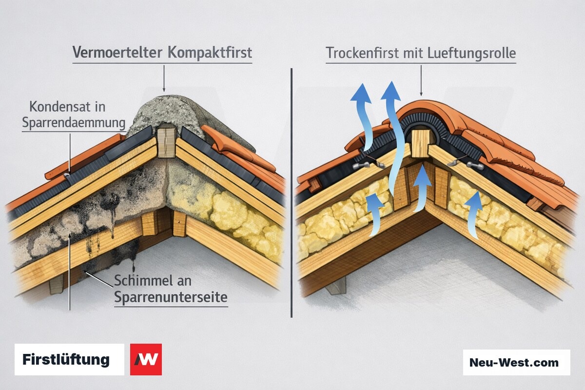 Dachfirst-Querschnitt: links vermörtelter Kompaktfirst mit Kondensat und Schimmel in der Sparrendämmung, rechts belüfteter Trockenfirst mit Luftstrom.