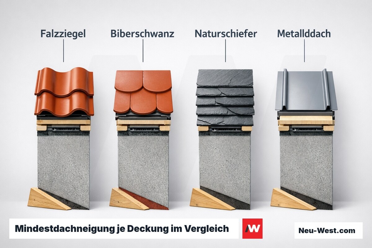 Mindestdachneigung je Deckung im Vergleich – Erklär-Grafik (NEUWEST Berlin)