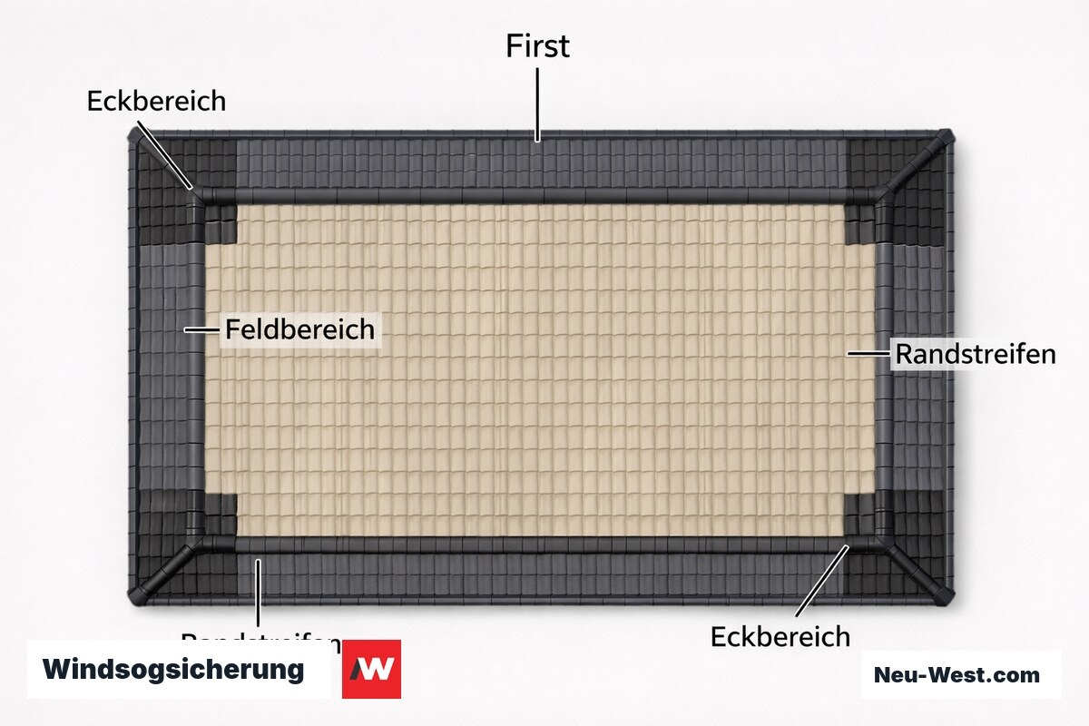 Windsogsicherung: Dachflächenzonen nach DIN EN 1991-1-4 – Erklär-Grafik (NEUWEST Berlin)