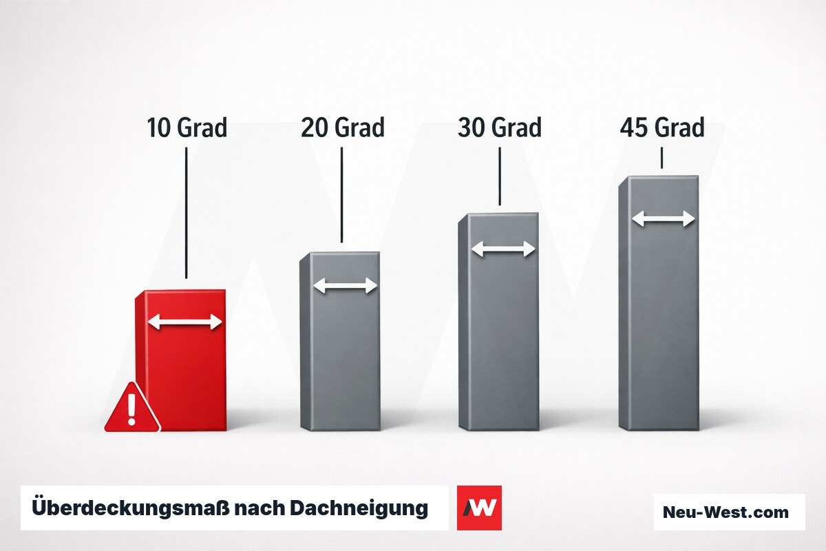 Überdeckungsmaß nach Dachneigung (ZVDH-Fachregeln) – Erklär-Grafik (NEUWEST Berlin)