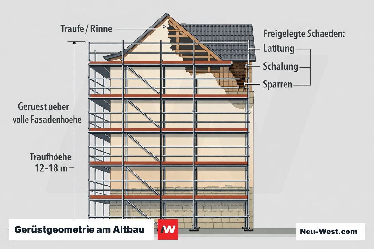 Fassadenschnitt eines Berliner Altbaus mit Gerüst über volle Höhe, Traufhöhenmaß und freigelegten Schäden an Lattung, Schalung und Sparren.