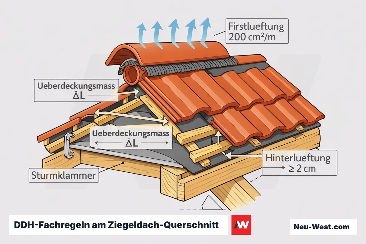 Querschnitt eines Ziegeldachs mit Überdeckungsmaß, Firstlüftung, Hinterlüftungsspalt und Sturmklammer nach DDH-Fachregeln.
