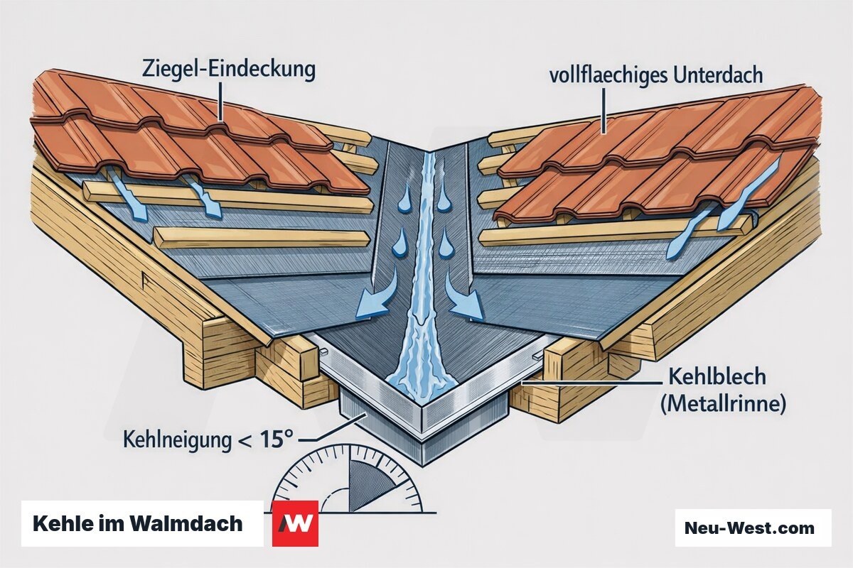 Querschnitt einer flach geneigten Dachkehle unter 15° mit Ziegeln, vollflächigem Unterdach und Kehlblech sowie Regenwasserfluss.