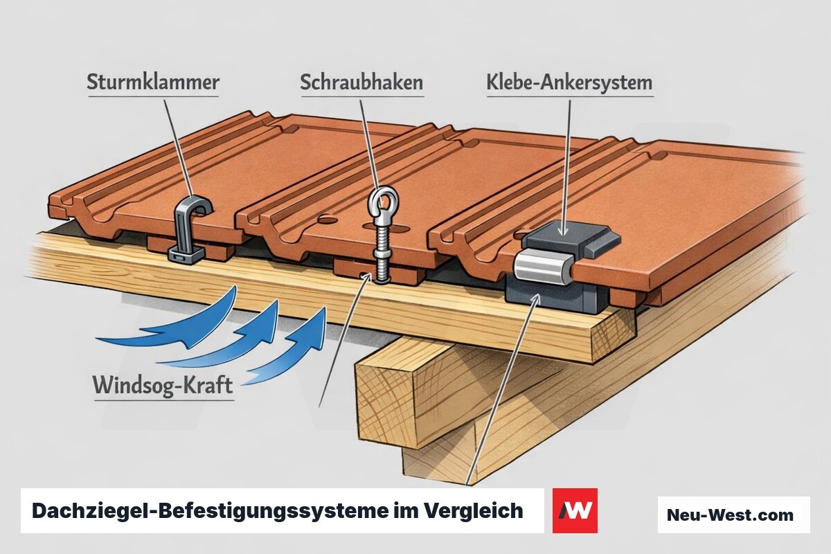 Cutaway-Detail eines Ziegeldachs mit Sturmklammer, Schraubhaken und Klebe-Ankersystem auf der Dachlatte sowie Windsog-Kraft am Ziegelrand.