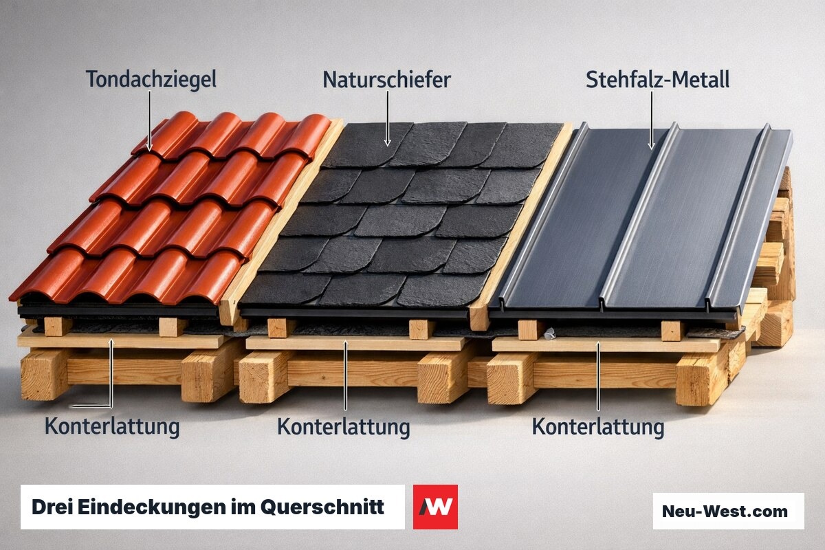Querschnitt-Illustration zeigt Tondachziegel, Naturschiefer und Metalldach nebeneinander auf Sparren mit Unterspannbahn und Lattung.