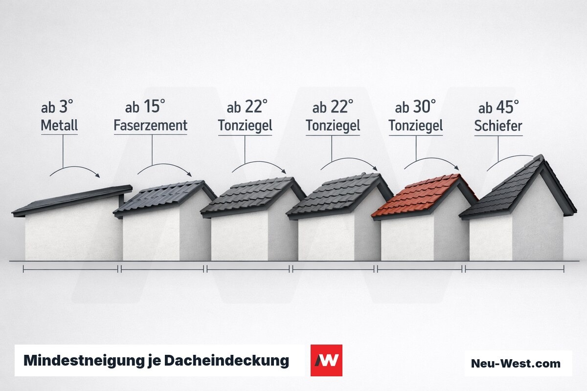 Diagramm mit fünf Haussilhouetten zeigt die erforderliche Mindestdachneigung für Metall, Faserzement, Tonziegel und Naturschiefer.