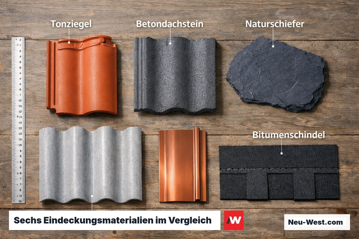 Sechs Dacheindeckungsmaterialien als Musterstücke auf Holztisch: Tonziegel, Betondachstein, Schiefer, Faserzement, Metall und Bitumenschindel.
