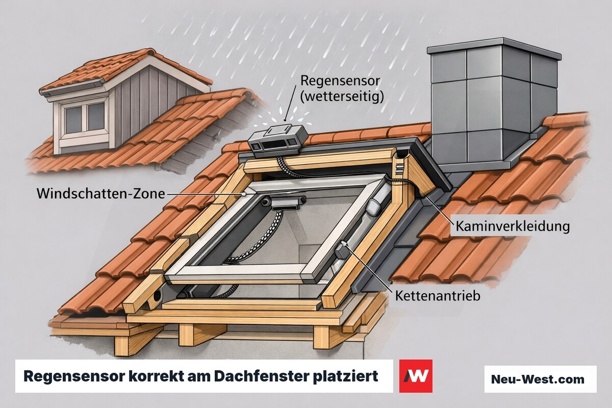 Dachquerschnitt: Regensensor wetterseitig am Dachfenster, Windschatten von Gaube und Kaminverkleidung, Kettenantrieb im Rahmen.