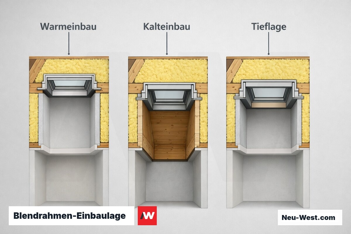 Blendrahmen-Einbaulage: Warmeinbau, Kalteinbau und Tieflage im Vergleich – Erklär-Grafik (NEUWEST Berlin)