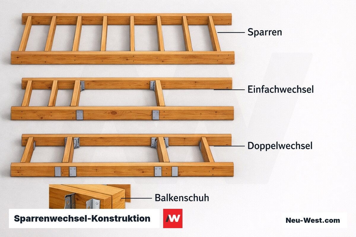 Sparrenwechsel-Konstruktion: Einfach- und Doppelwechsel mit Verbindungsmitteln – Erklär-Grafik (NEUWEST Berlin)