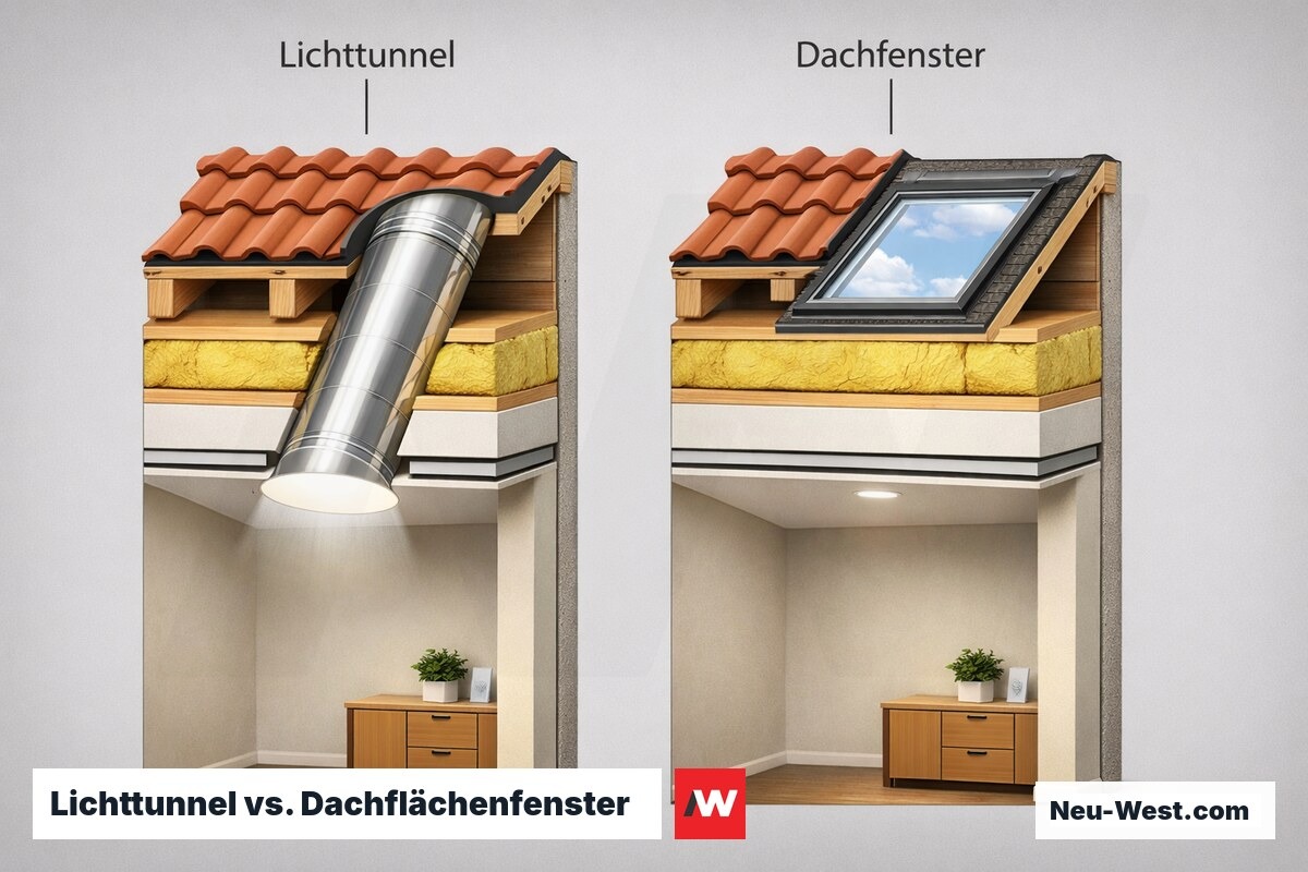 Lichttunnel vs. Dachflächenfenster: Schnittvergleich und Lichtausbeute – Erklär-Grafik (NEUWEST Berlin)