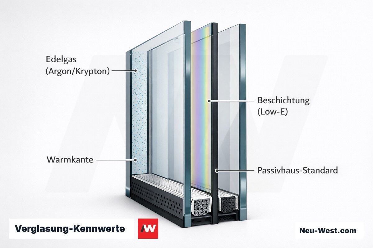 Verglasung-Kennwerte: Uw, g-Wert und Rw im Systemvergleich (2-/3-Scheibe/Passivhaus) – Erklär-Grafik (NEUWEST Berlin)