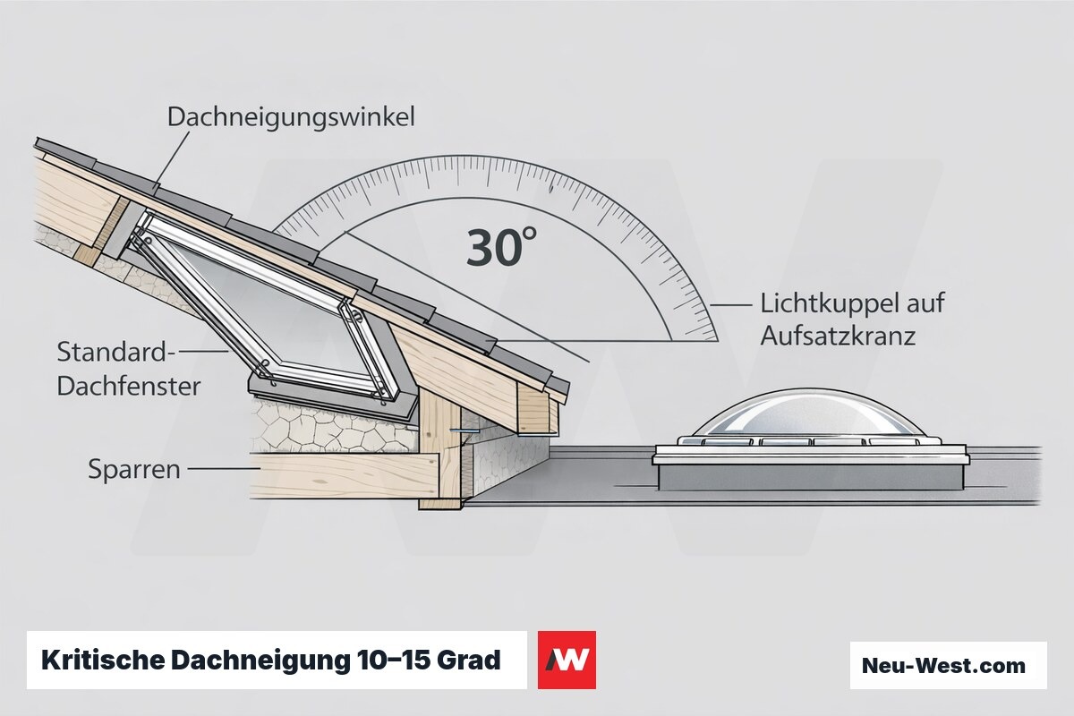 Querschnitt einer flachen Dachneigung mit Winkelbogen, Standard-Dachfenster oberhalb und Lichtkuppel auf Aufsatzkranz unterhalb der 10-Grad-Grenze.