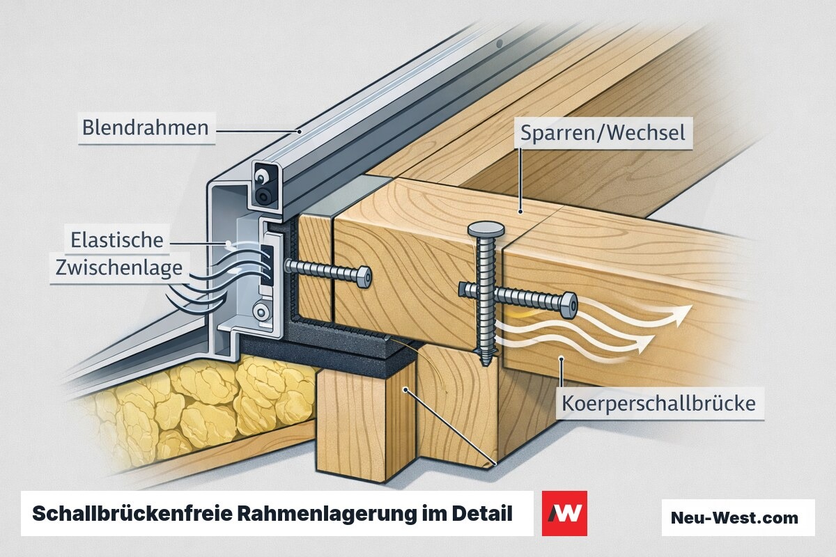 Querschnitt-Detail: Dachfenster-Blendrahmen im Sparrenwechsel mit elastischer Zwischenlage gegenüber harter Verschraubung als Körperschallbrücke.