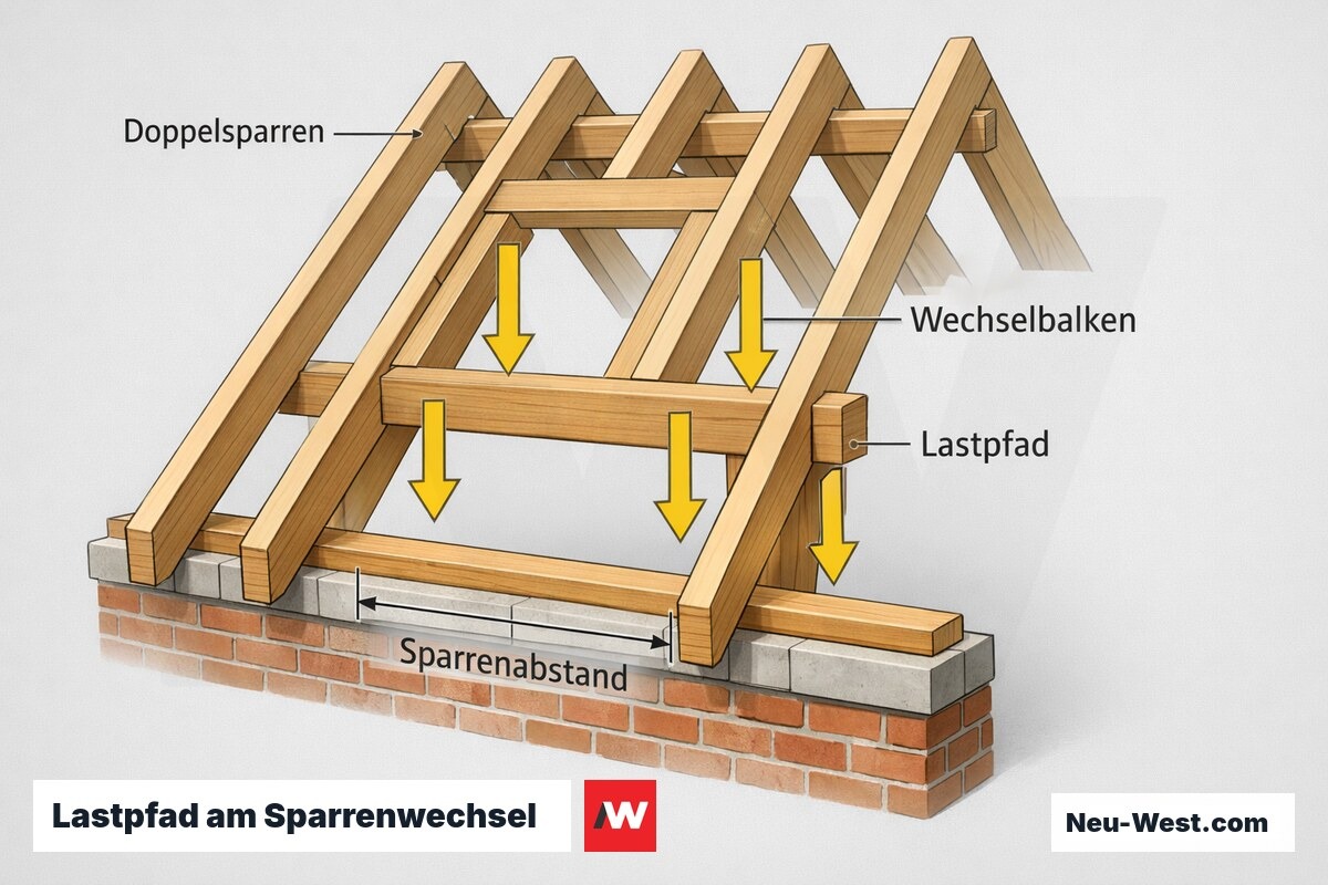 Querschnitt eines Dachstuhls: unterbrochener Sparren leitet Last über Wechselbalken und Doppelsparren in die Wand, mit Sparrenabstand.