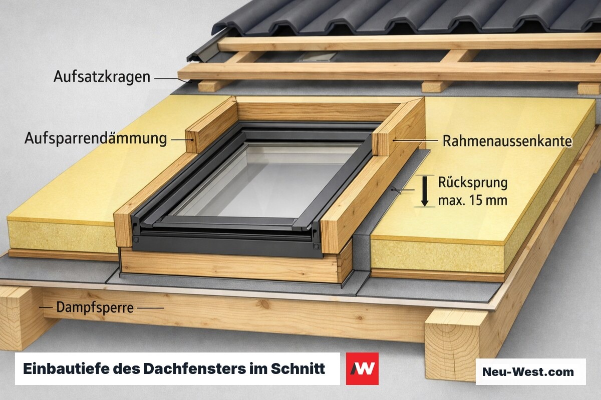 Bauschnitt: Dachfenster mit Aufsatzkragen in Aufsparrendämmung, Rahmenaußenkante bündig zur Dämmoberkante, maximaler Rücksprung 15 mm.