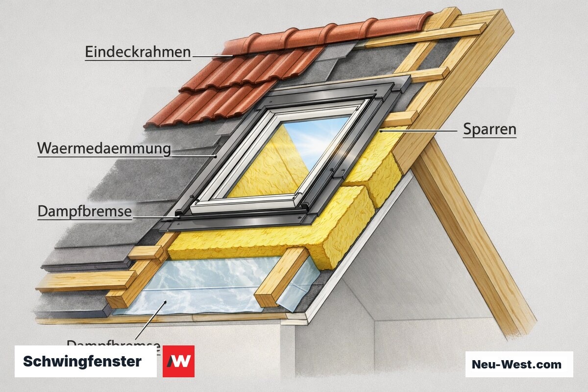 Querschnitt-Illustration eines Schwingfensters im Steildach mit Dämmschichten, Eindeckrahmen und Sparrenkonstruktion