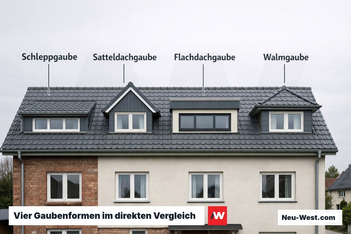 Vier verschiedene Gaubentypen nebeneinander an einer Hausfassade: Schlepp-, Satteldach-, Flachdach- und Walmgaube