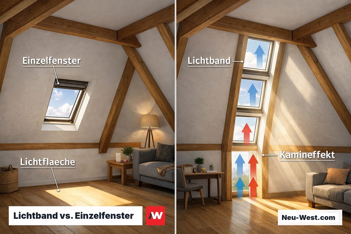 Dachgeschoss-Innenraum zeigt links ein Einzelfenster, rechts ein dreifaches Lichtband mit deutlich größerer Helligkeit und Kamineffekt