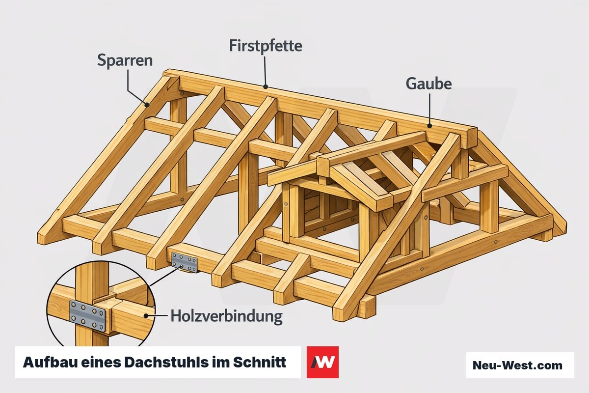 Schnittzeichnung eines Dachstuhls mit Sparren, Pfetten, Gaube und Holzverbindungen als tragendes Holzwerk eines Daches.