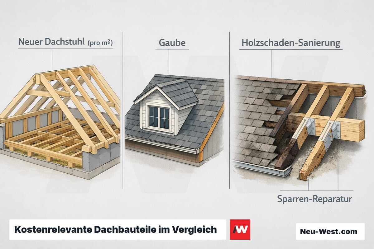 Cutaway-Illustration mit drei kostenrelevanten Dachbauteilen: neuer Dachstuhl, Gaube und Sanierung geschädigter Sparren im Vergleich.