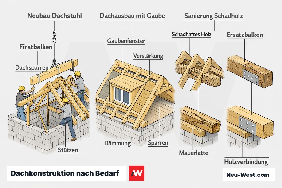 Erklaer-Illustration in drei Panels: Neubau eines Dachstuhls, Dachausbau mit Gaube und Dachfenster sowie Sanierung geschaedigter tragender Hoelzer.