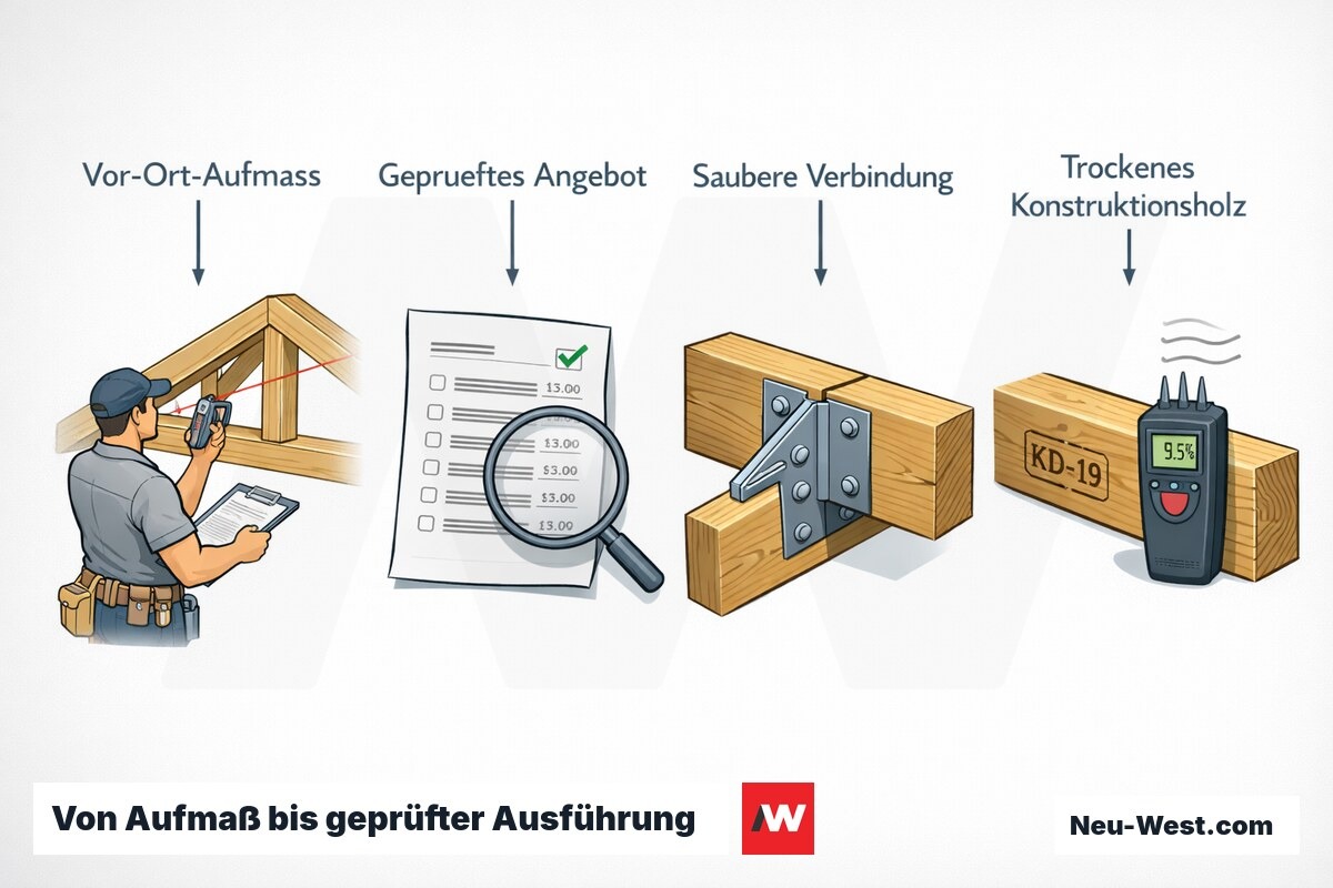 Ablauf-Illustration in vier Schritten: Vor-Ort-Aufmaß, geprüftes Angebot, saubere Holzverbindung und trocken verbautes Konstruktionsholz.