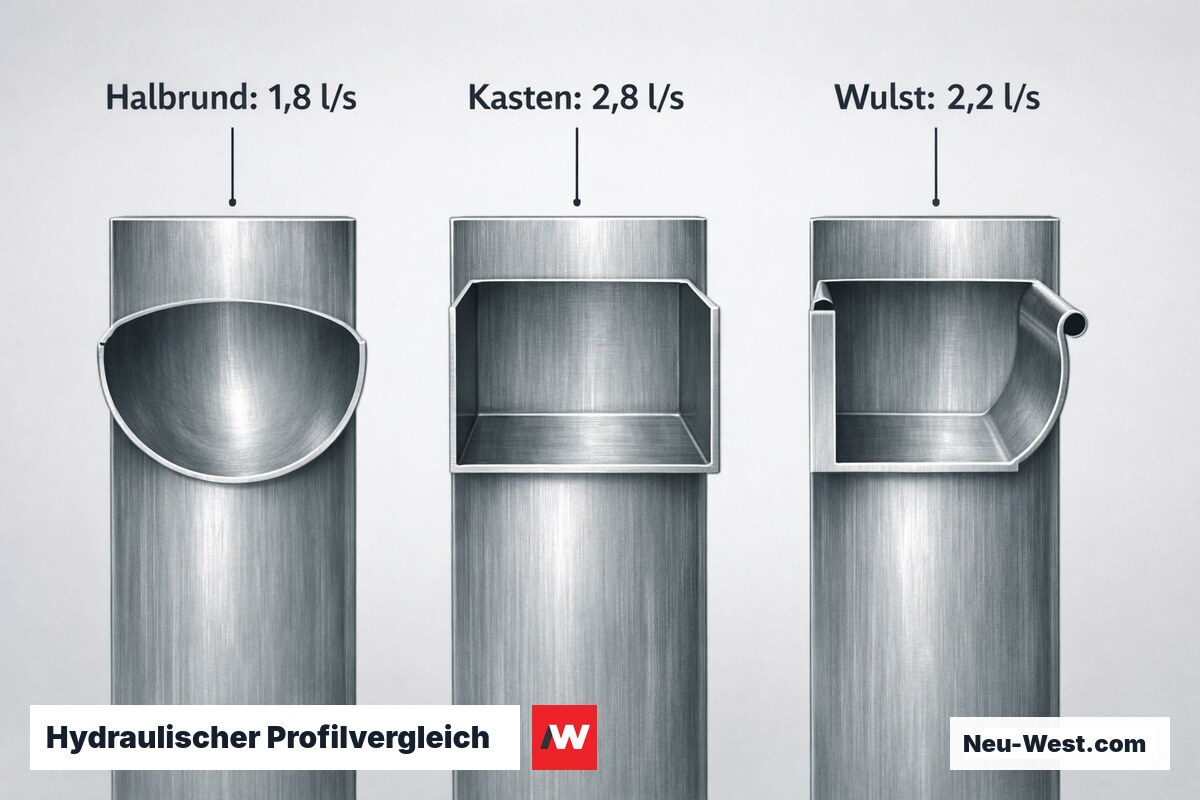 Hydraulischer Profilvergleich: Abflussleistung DN 150 bei 3 Promille Gefalle – Erklär-Grafik (NEUWEST Berlin)