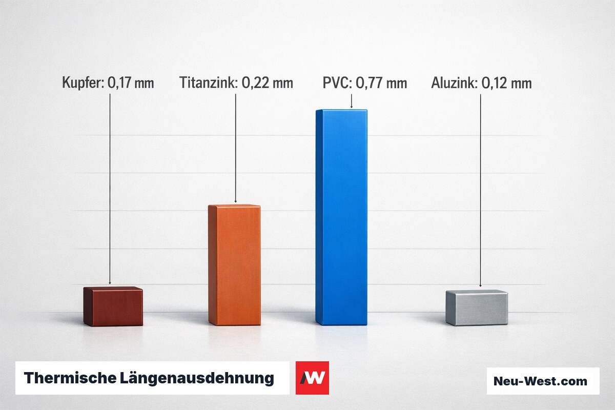Thermische Längenausdehnung je Rinnenmaterial — mm pro Meter bei 10 K Temperaturhub – Erklär-Grafik (NEUWEST Berlin)
