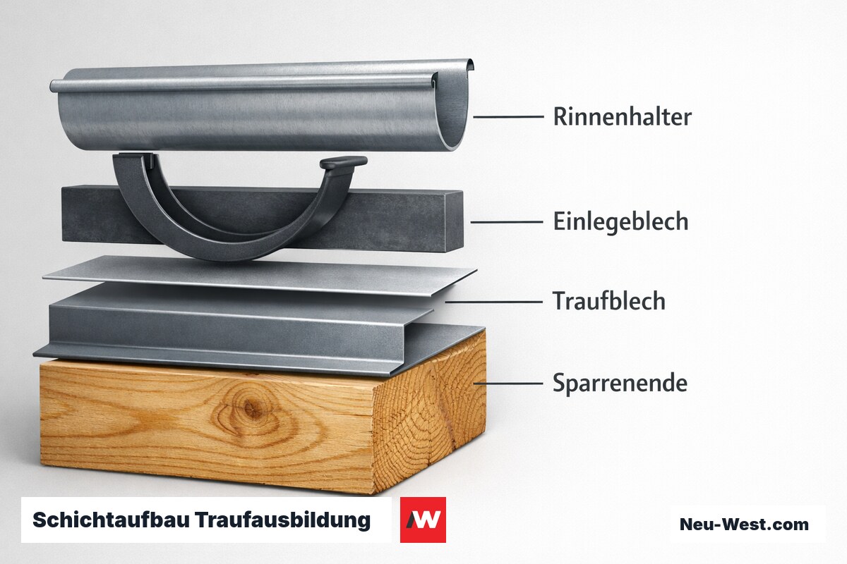 Schichtaufbau Traufausbildung: Reihenfolge Traufblech, Einlegeblech, Rinnenhalter – Erklär-Grafik (NEUWEST Berlin)