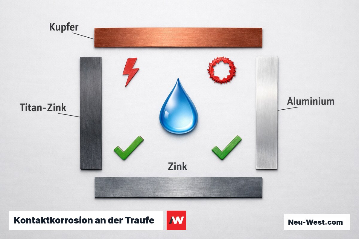 Kontaktkorrosion an der Traufe: Kritische und unkritische Metall-Kombinationen – Erklär-Grafik (NEUWEST Berlin)