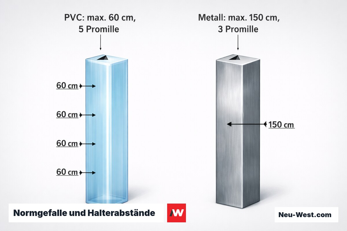 Normgefalle und Halterabstände nach ZVDH-Fachregel — PVC vs. Metall – Erklär-Grafik (NEUWEST Berlin)