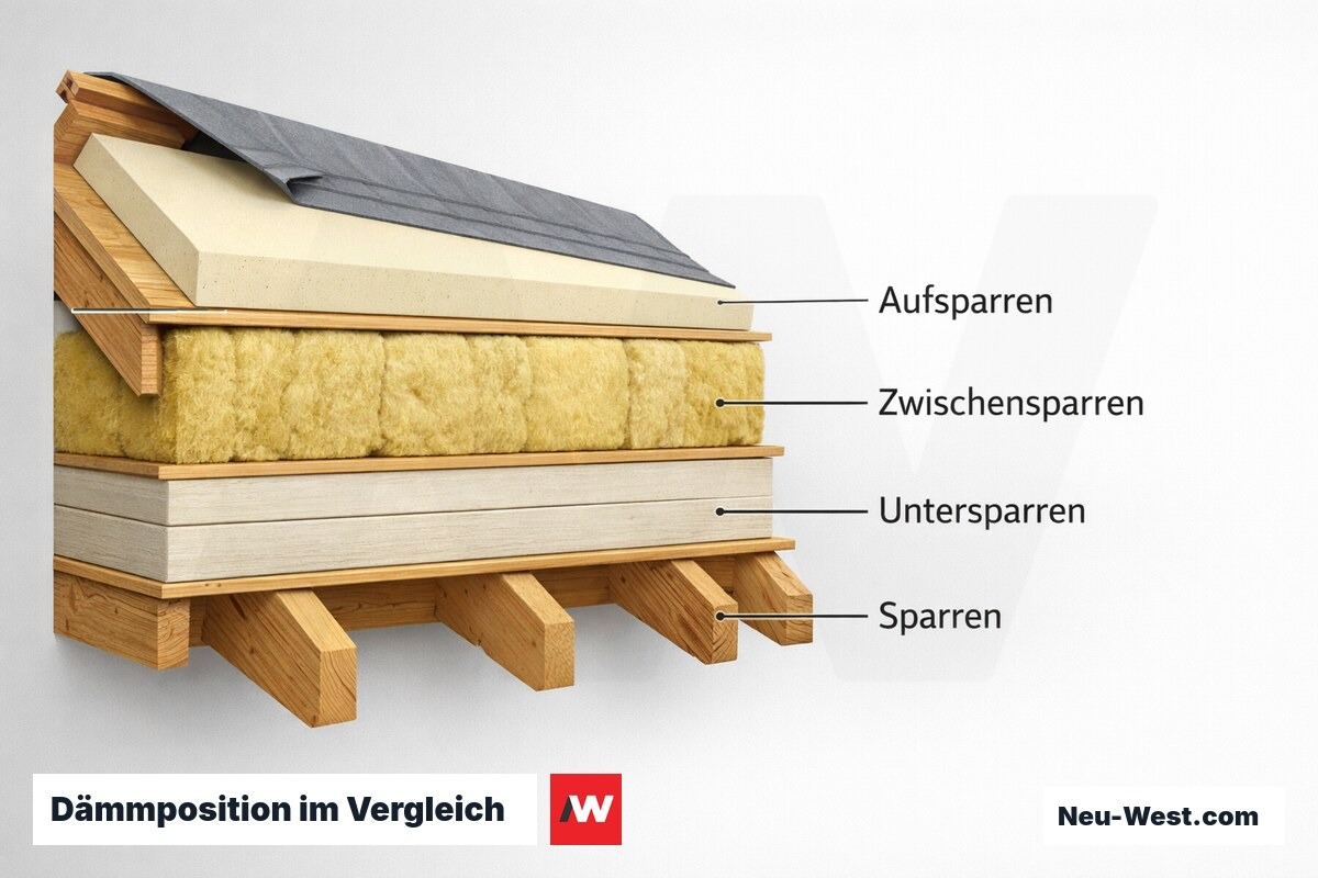 Dämmposition im Vergleich: Aufsparren-, Zwischensparren- und Untersparrendämmung – Erklär-Grafik (NEUWEST Berlin)