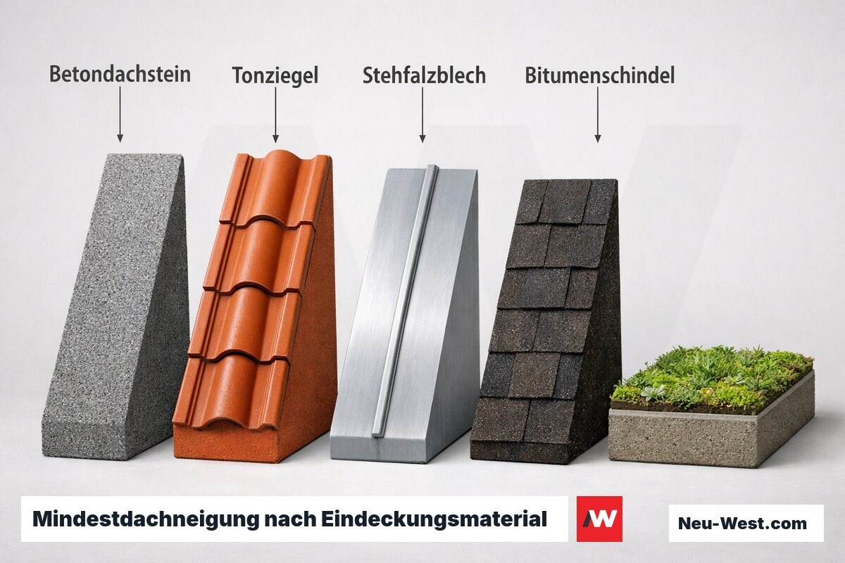 Mindestdachneigung nach Eindeckungsmaterial – Erklär-Grafik (NEUWEST Berlin)