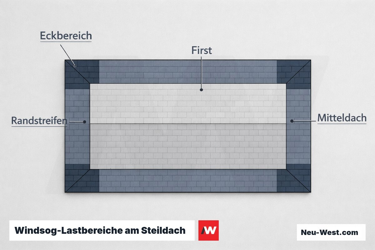 Windsog-Lastbereiche am Steildach nach DIN EN 1991-1-4 – Erklär-Grafik (NEUWEST Berlin)
