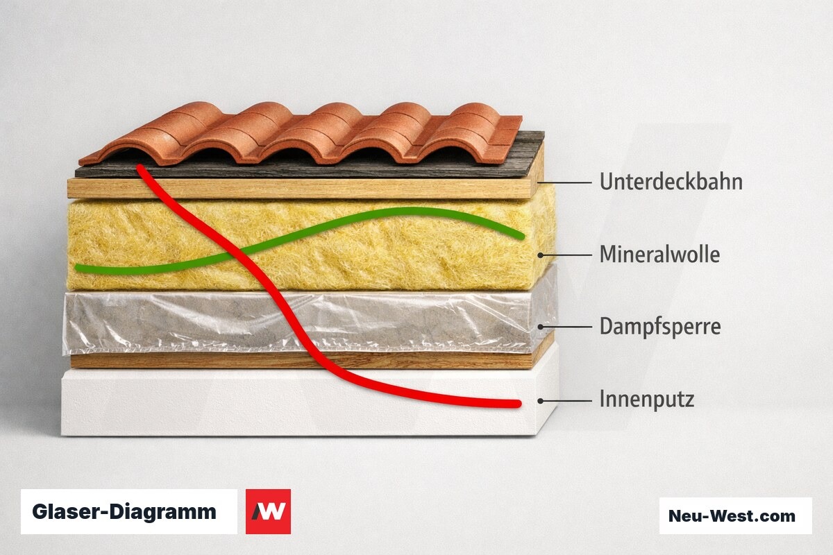 Glaser-Diagramm: Tauwasserzone bei Dampfsperre vs. variabler Dampfbremse – Erklär-Grafik (NEUWEST Berlin)