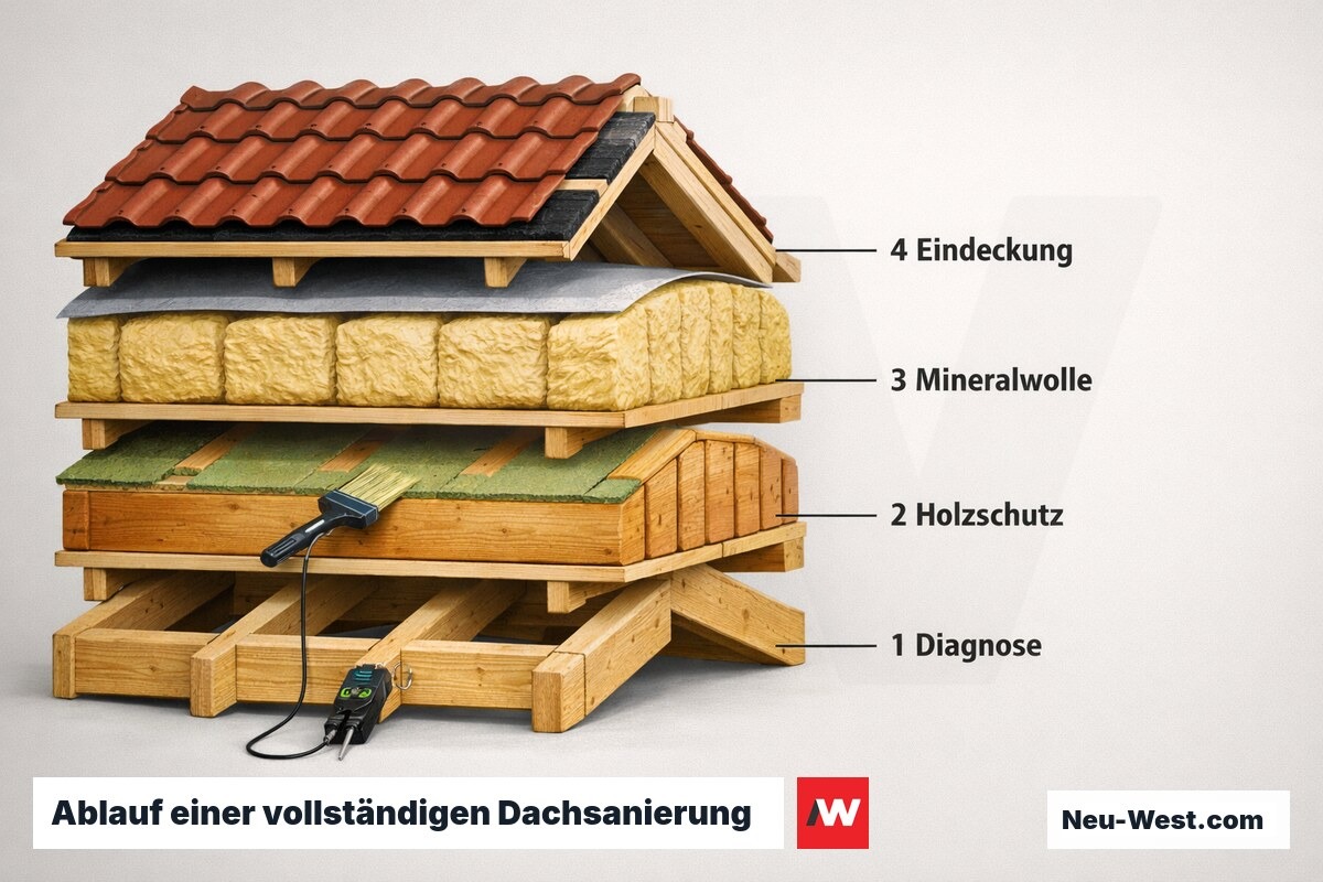 Ablauf einer vollständigen Dachsanierung — 4 Bauphasen – Erklär-Grafik (NEUWEST Berlin)