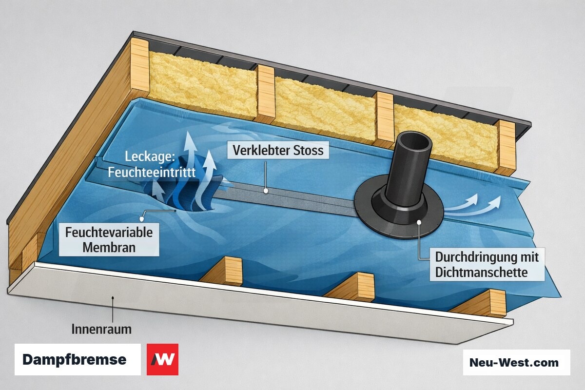 Querschnitt Dachaufbau mit feuchtevariabler Dampfbremse, verklebtem Stoß, abgedichteter Durchdringung und Leckage mit eingeschlossener Feuchtigkeit.