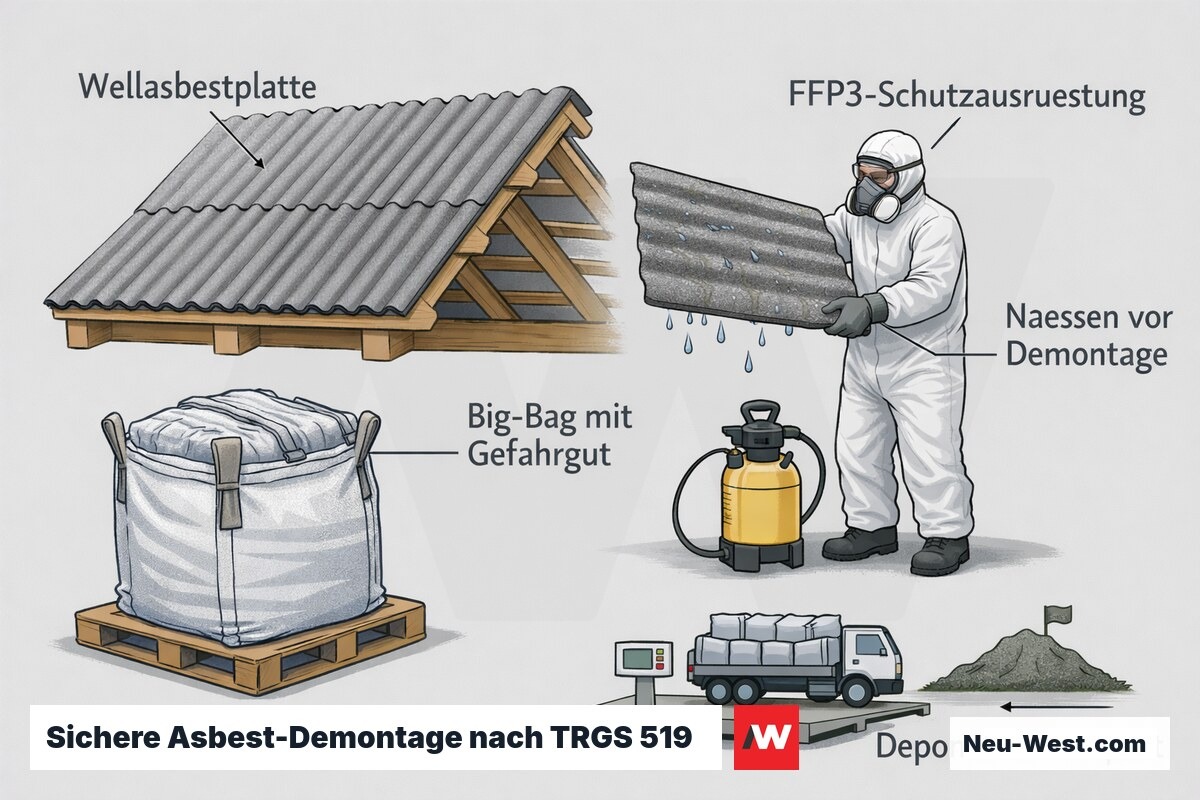 Cutaway-Grafik einer Asbestdach-Demontage: Fachmann in Schutzanzug nässt Wellasbestplatte, luftdichter Big-Bag mit Gefahrgutaufkleber, Deponie-Transport.
