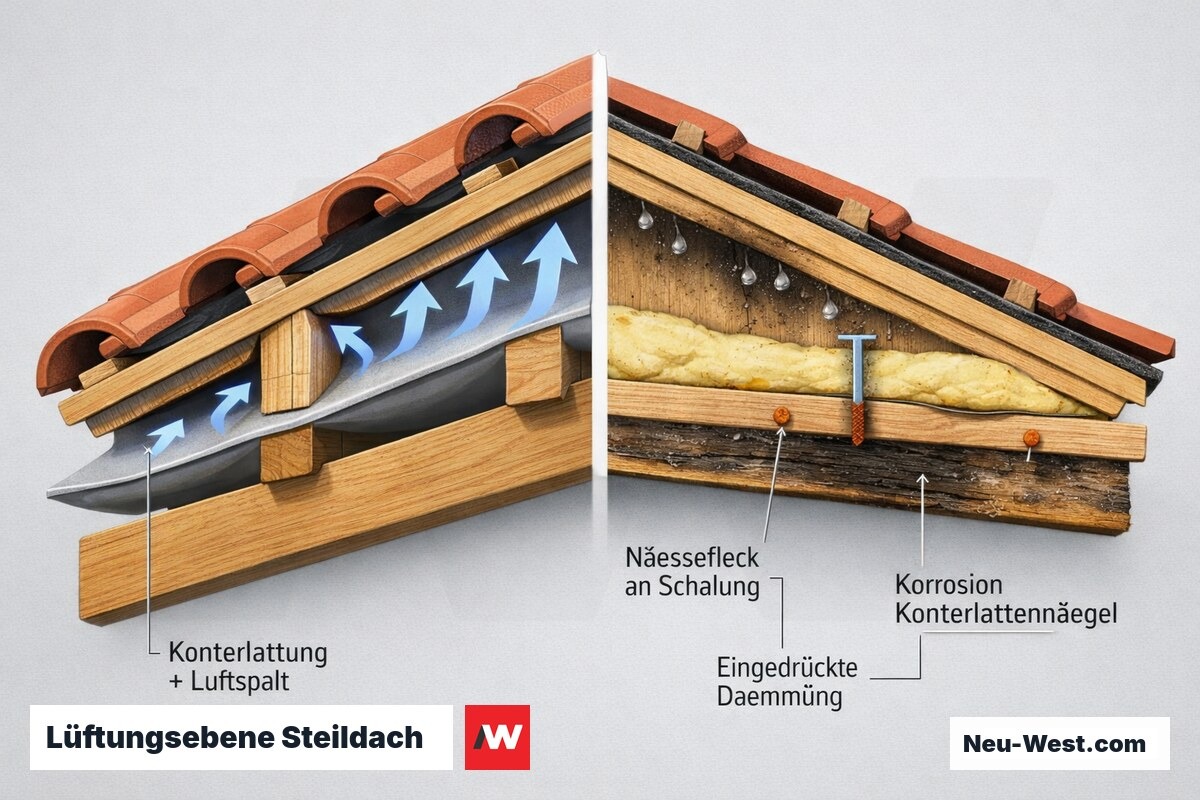 Querschnitt Steildach-Lüftungsebene: korrekter Luftspalt mit Konterlattung gegenüber eingedrückter Dämmung mit Kondensat, Nässeflecken, Nagelkorrosion und Holzfäule.