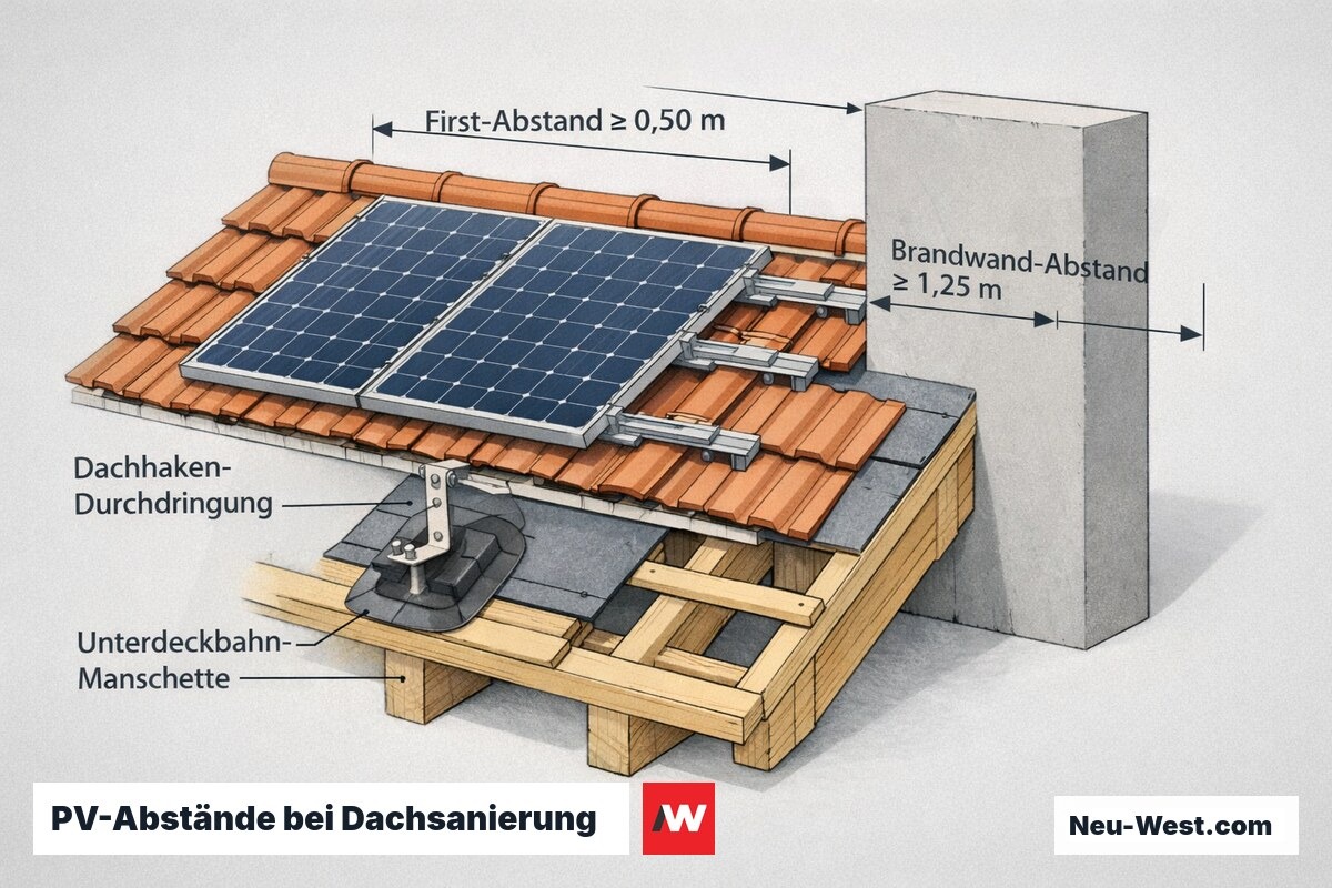 Dachquerschnitt mit PV-Modulen, freigegebener Dachhaken-Durchdringung und Sicherheitsabständen zu Brandwand und First nach Berliner Bauordnung.